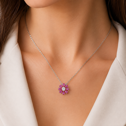 Pink Sapphire Flower Sterling Silver Necklace with White Cubic Zirconia