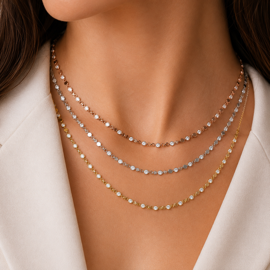 White Cubic Zirconium Sterling Silver Necklace Plain Style and Bezel Style