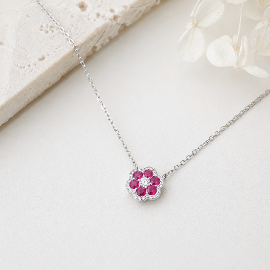 Ruby Red Flower White Cubic Zirconium Flower Sterling Silver Necklace