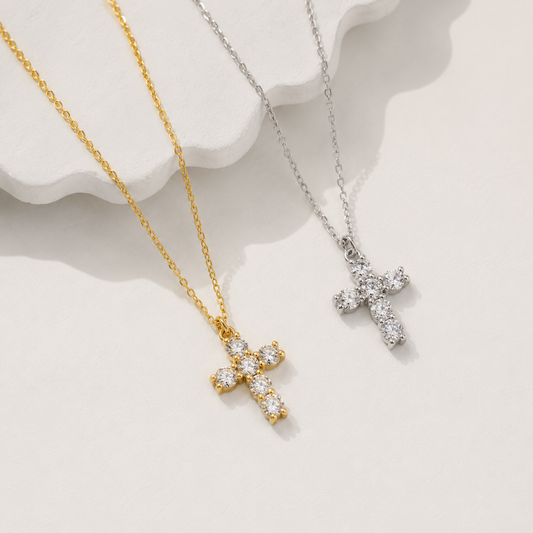 Elegant 6 Stone Cross Necklace with White Cubic Zirconia