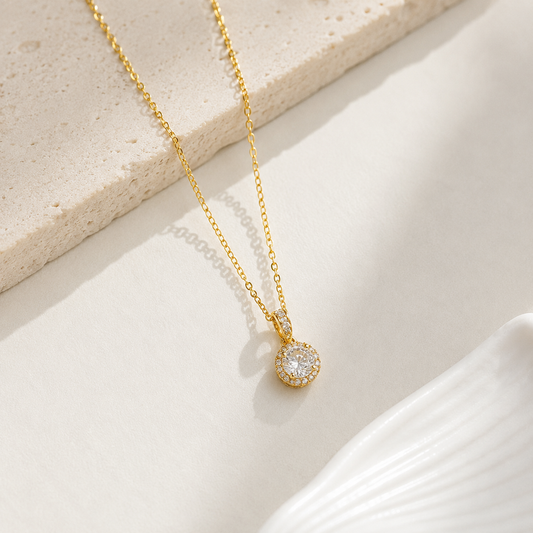 Yellow Gold-Plated Sterling Silver Oval Necklace with Clear White Cubic Zirconia