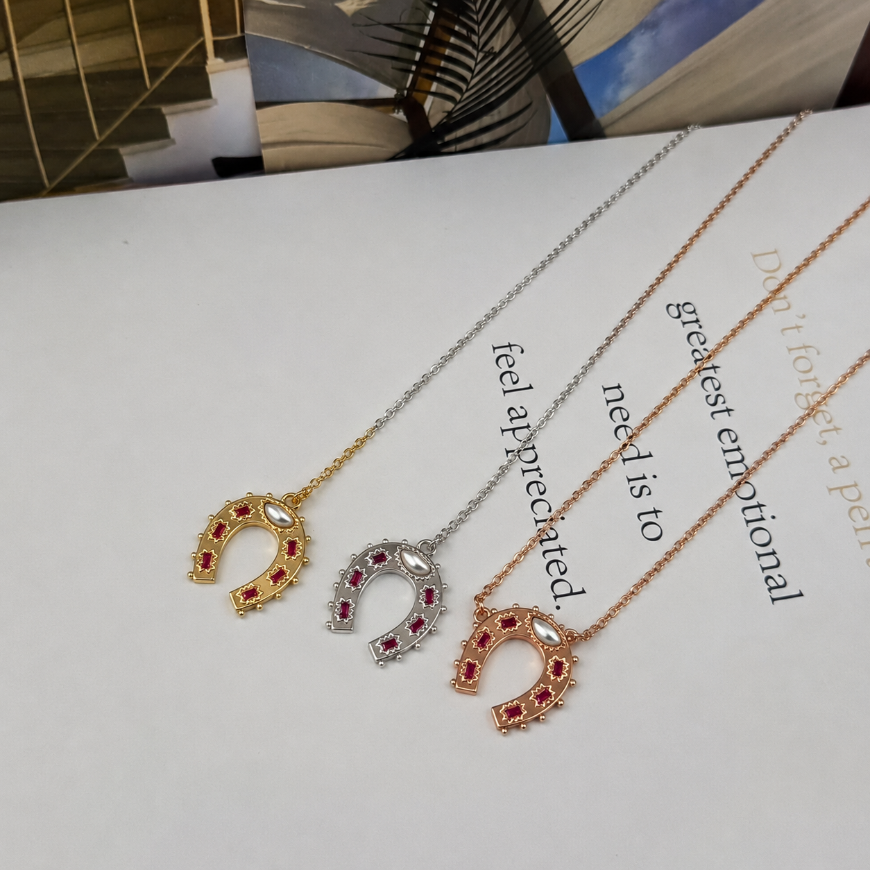 Ruby & Opal Set Sterling Silver Horseshoe Necklace