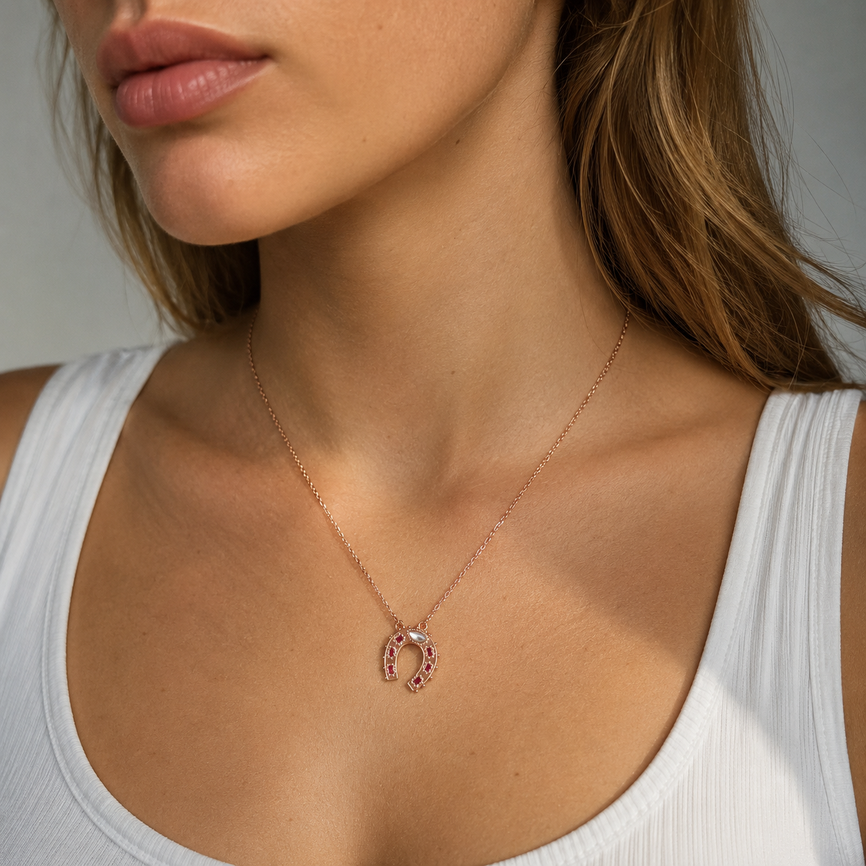 Ruby & Opal Set Sterling Silver Horseshoe Necklace