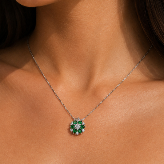Emerald-Coloured Sterling Silver CZ Round Cut Petal Flower Necklace