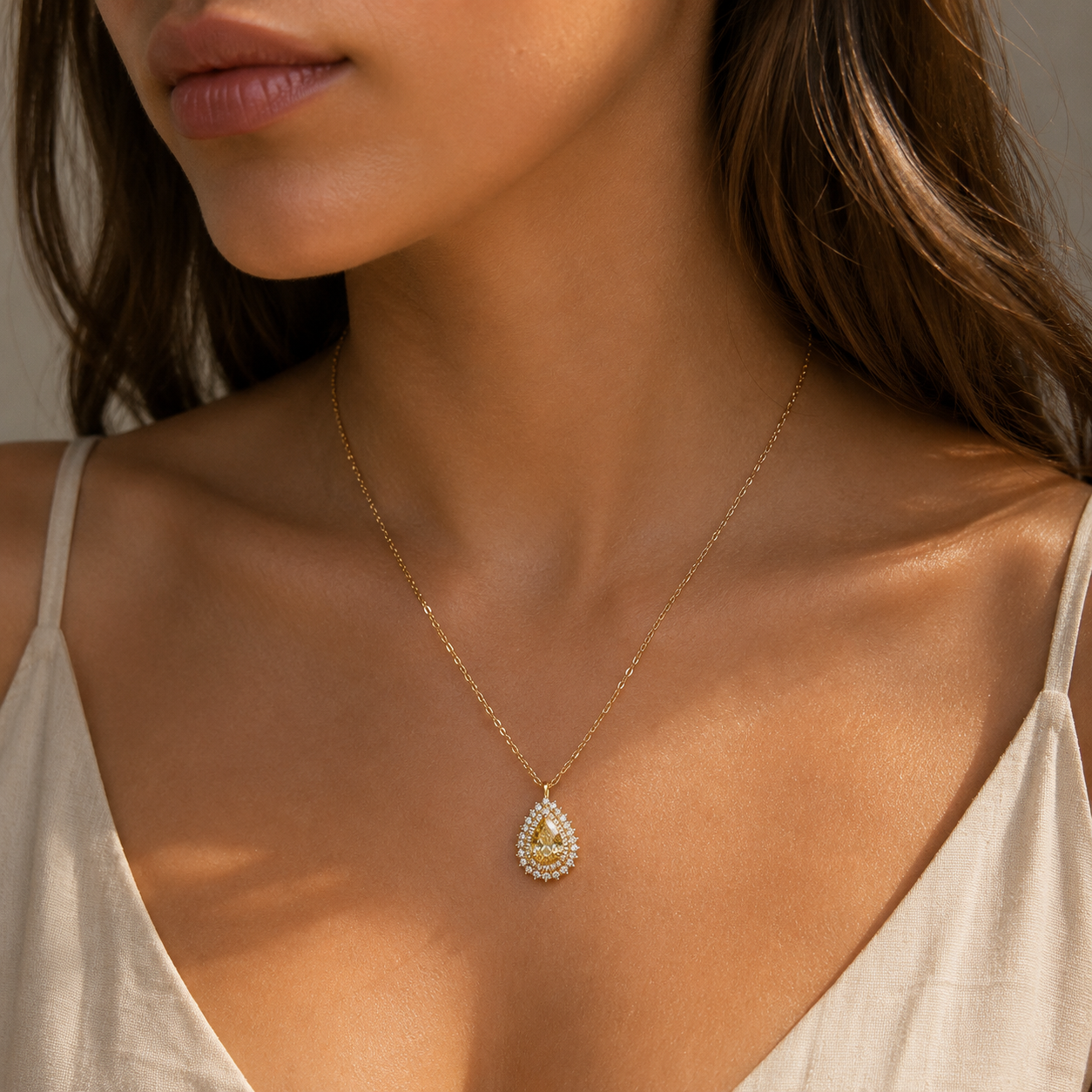 Sterling Silver Teardrop Citrine CZ Necklace in 18ct Gold Plating