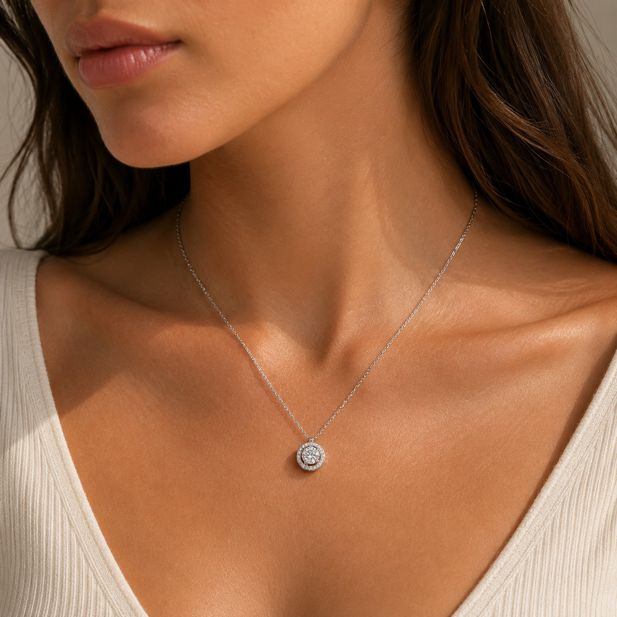 Sterling Silver 3.0ct Round Cut Halo Set Modern Pendant Design