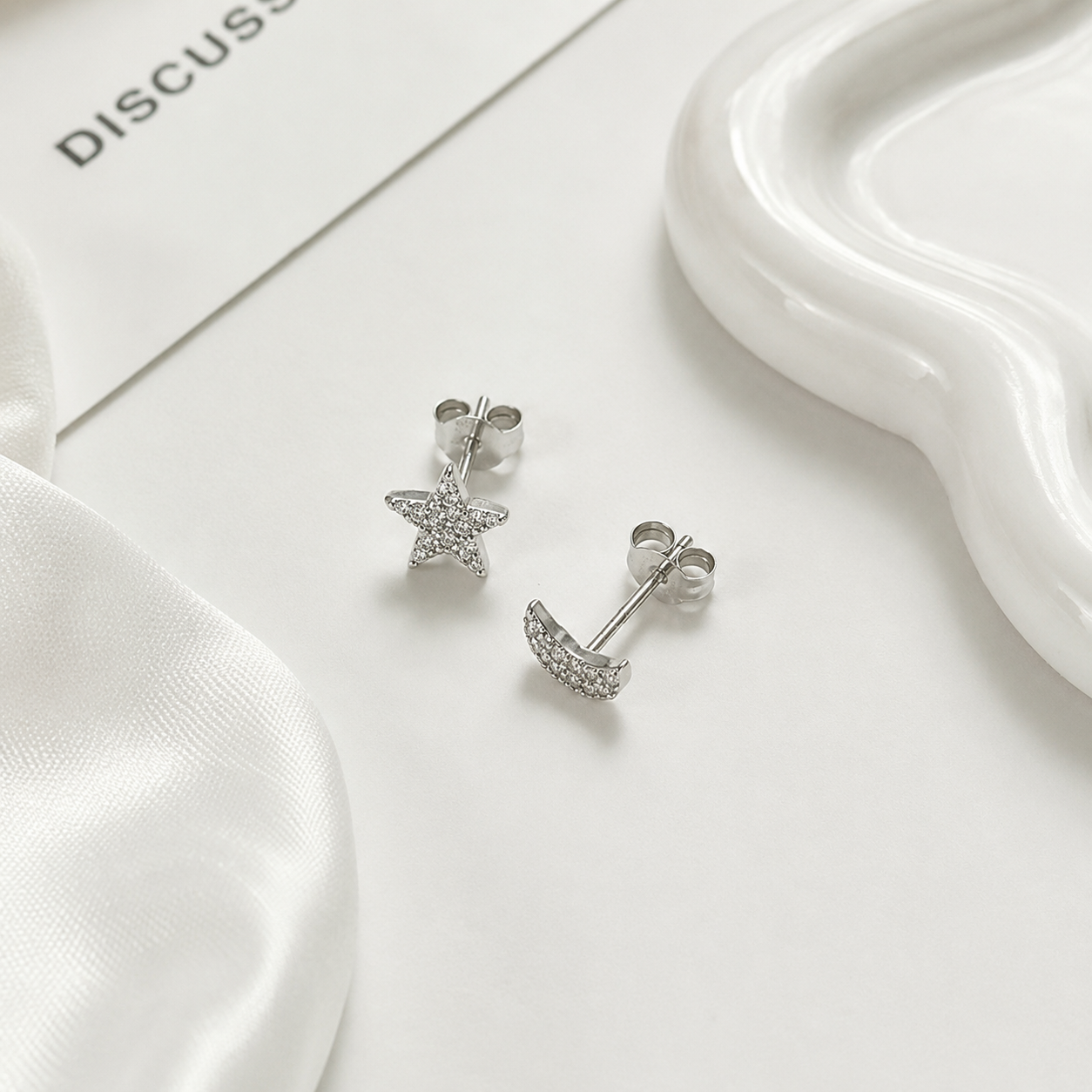 Sterling Silver Stud Earrings Half Moon and Star