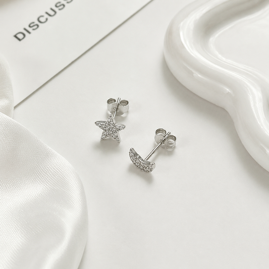 Sterling Silver Stud Earrings Half Moon and Star