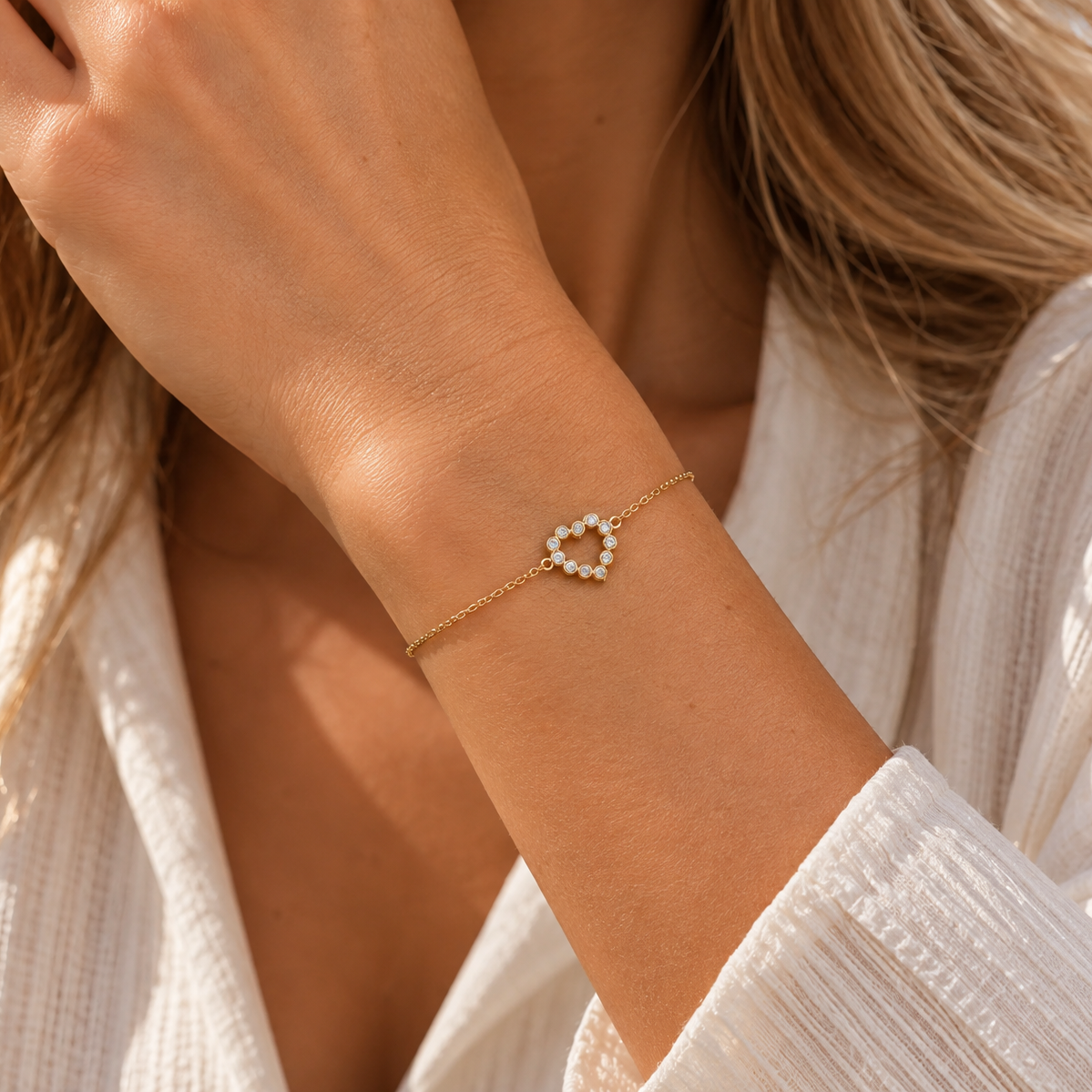 Yellow Gold-Plated Sterling Silver Heart Rubover Cubic Zirconia Ladies Bracelet