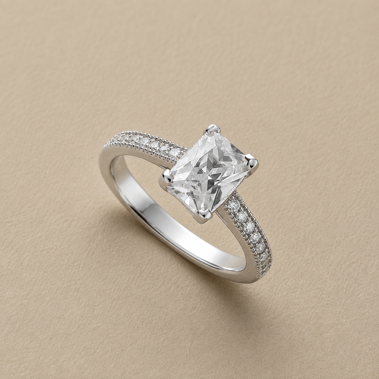Silver Fancy Emerald-Cut Cubic Zirconia Ring with Shoulders