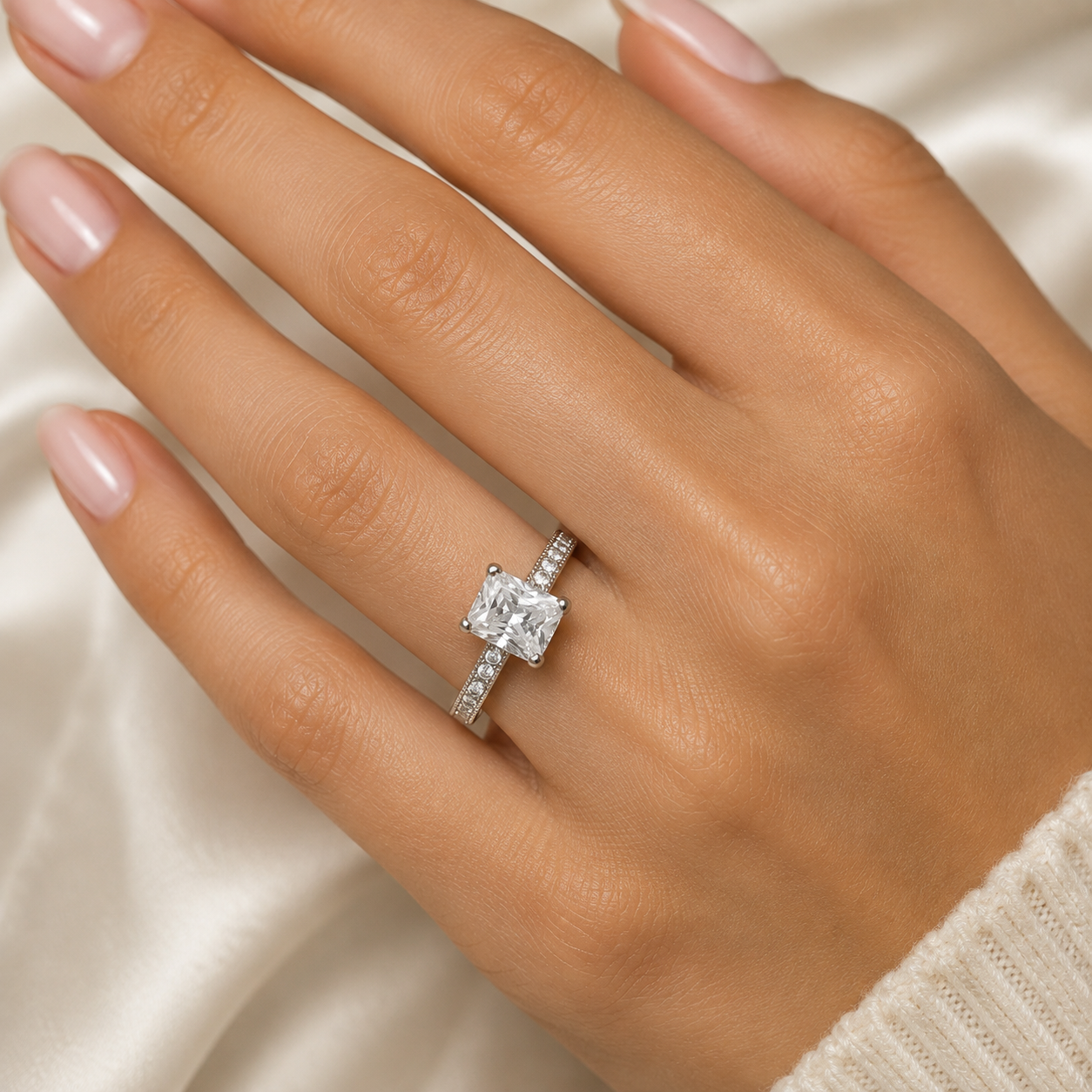 Silver Fancy Emerald-Cut Cubic Zirconia Ring with Shoulders