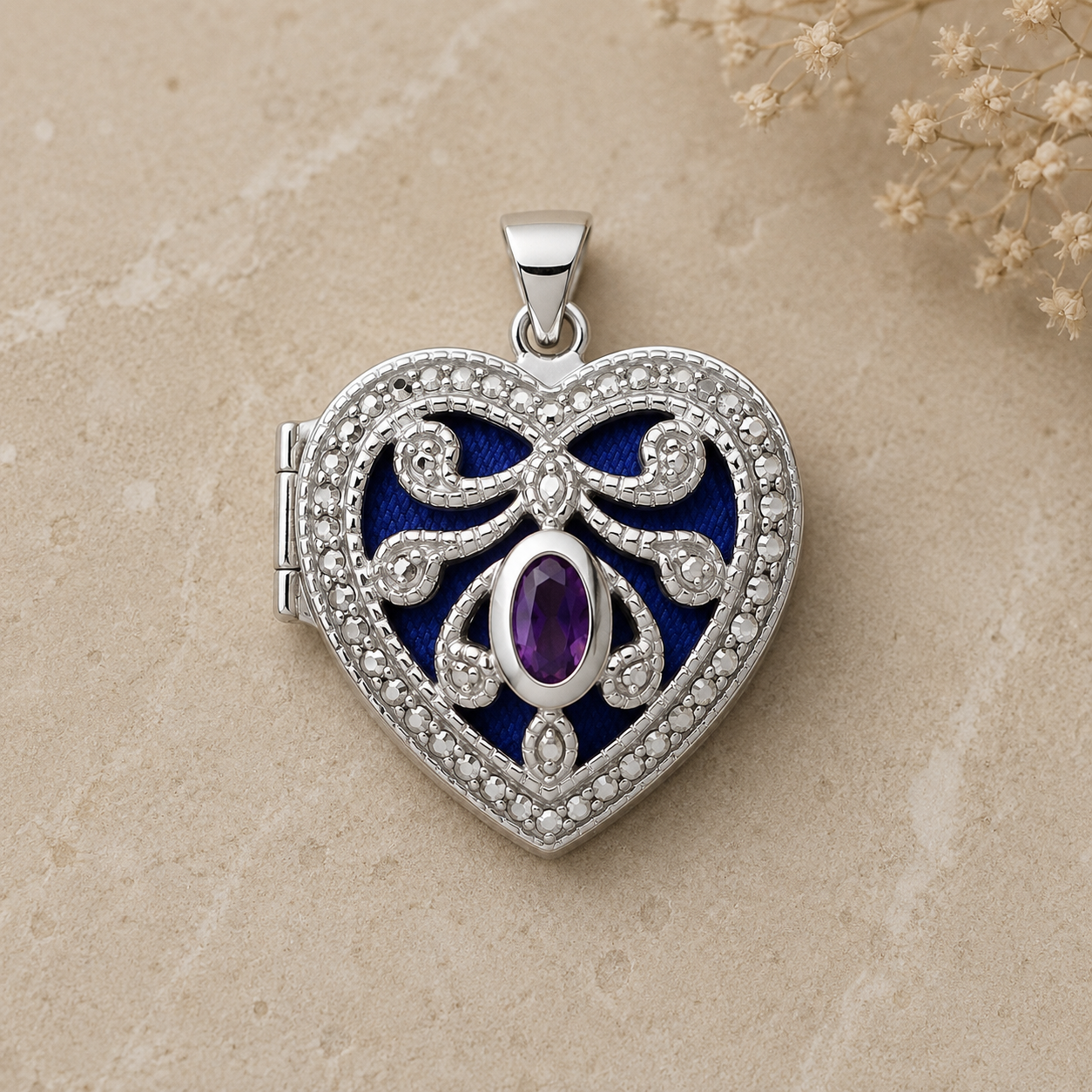 Fancy Silver Heart Locket with Amethyst Pendant