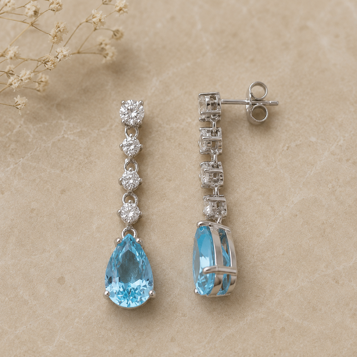 Sterling Silver Clear and Aquamarine CZ Long Drop Earrings