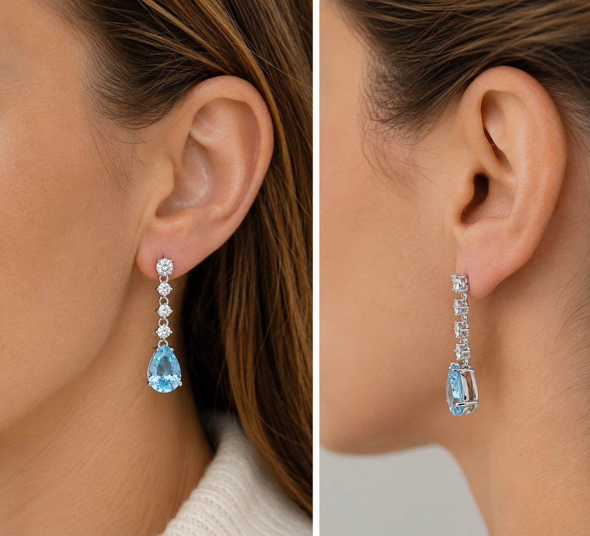 Sterling Silver Clear and Aquamarine CZ Long Drop Earrings