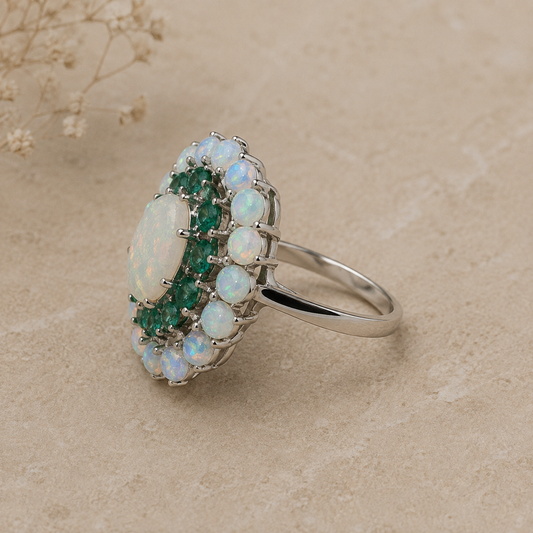 Vintage 18ct White Gold Opal and Emerald Cluster Ring