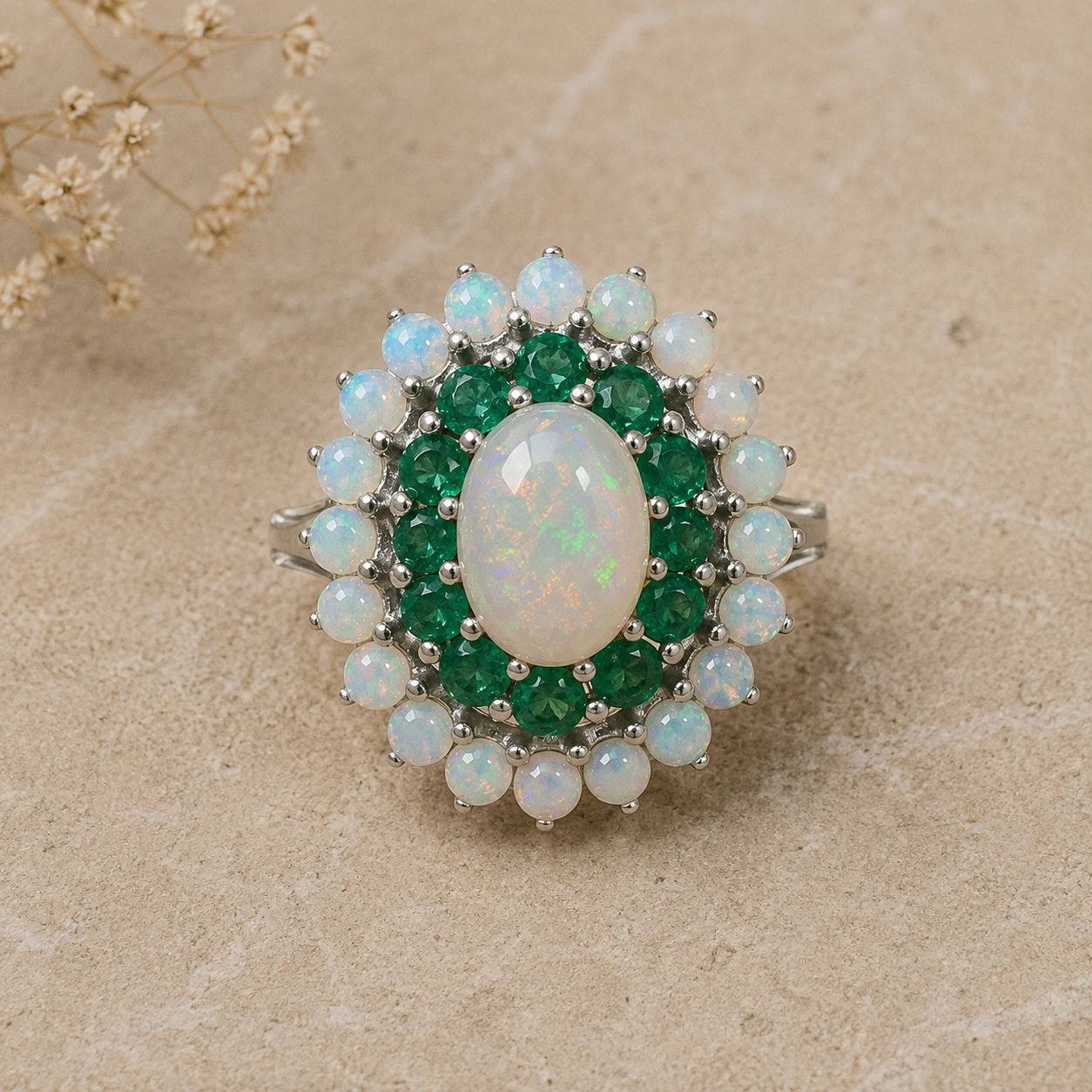 Vintage 18ct White Gold Opal and Emerald Cluster Ring