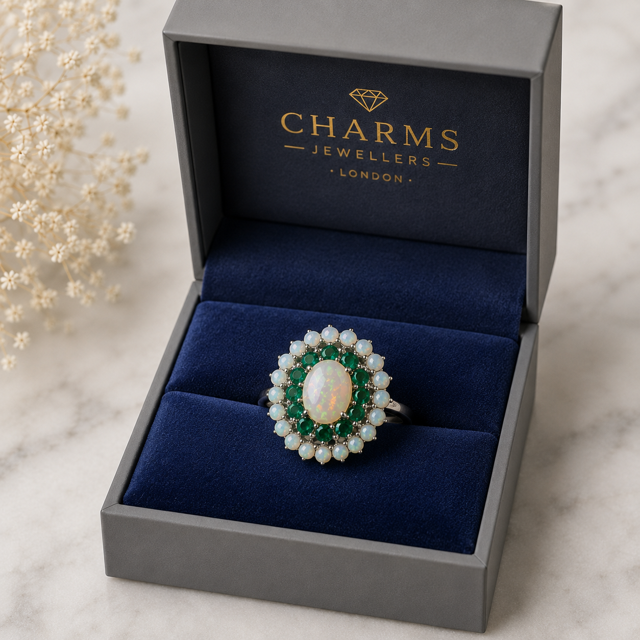 Vintage 18ct White Gold Opal and Emerald Cluster Ring