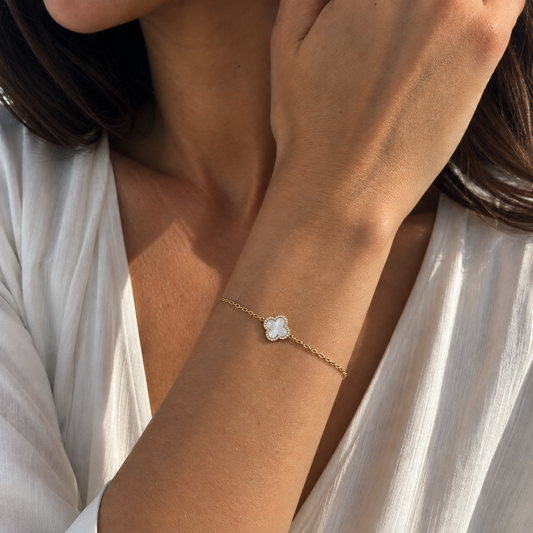 925 Silver 14ct Gold Plated Rhodium Single Clover Bracelet White Mother of Pearl With CZ's