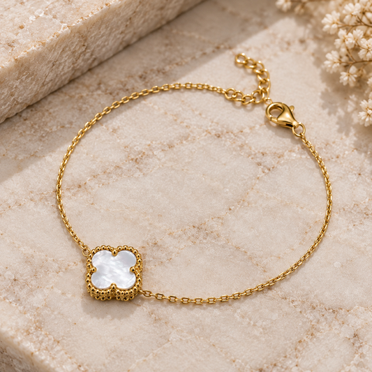 925 Sterling Silver 14ct Gold-Plated Mother of Pearl Single Clover Bracelet