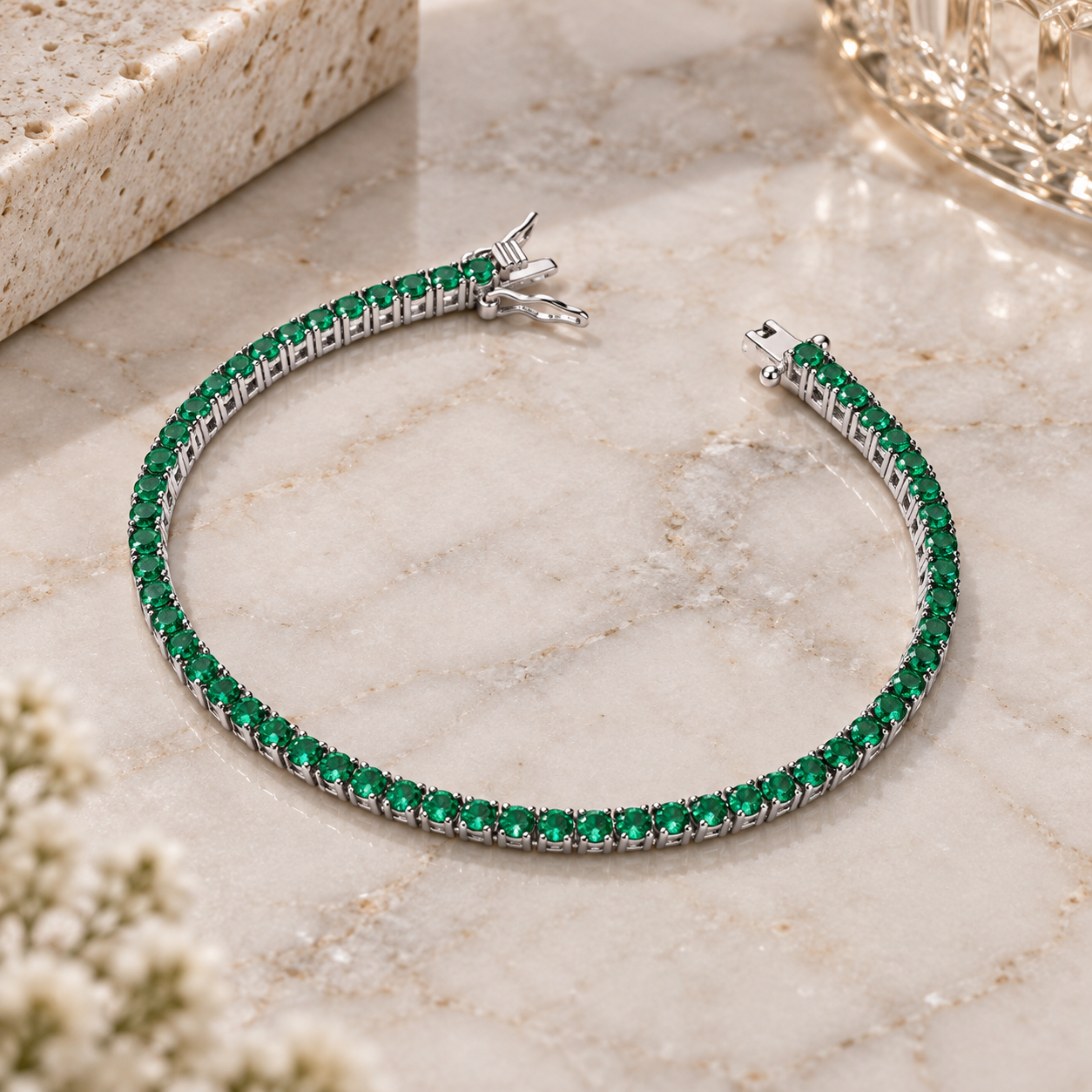 Silver Green CZs Tennis Ladies Bracelet
