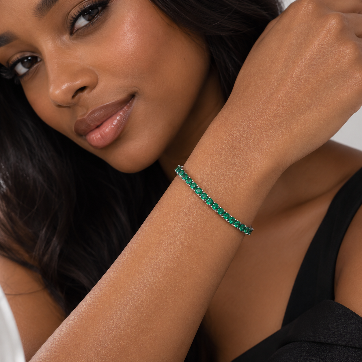 Silver Green CZs Tennis Ladies Bracelet