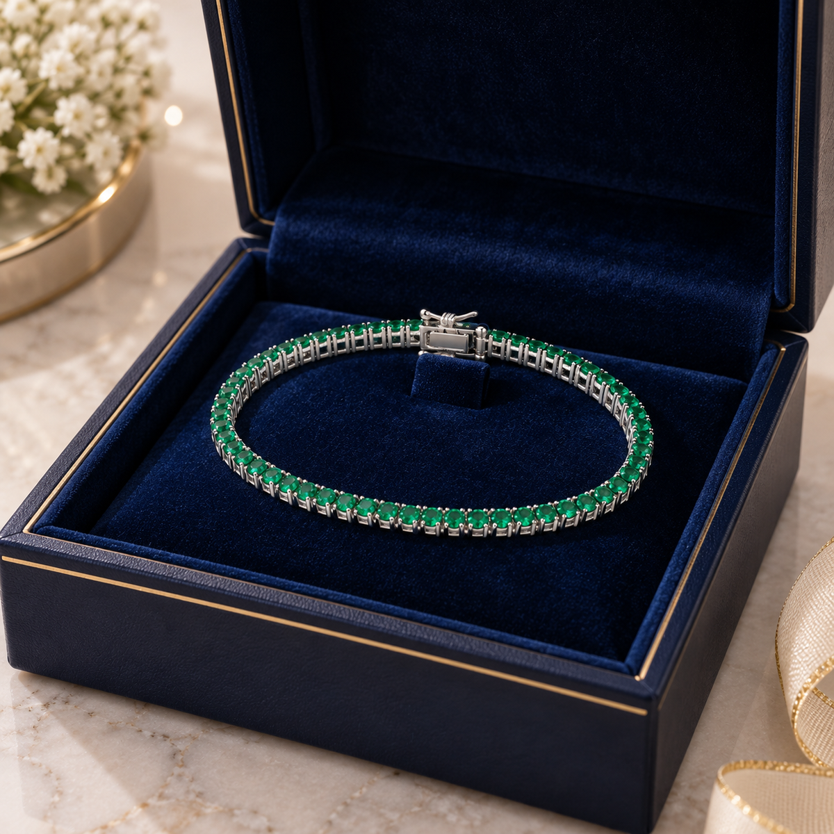 Silver Green CZs Tennis Ladies Bracelet
