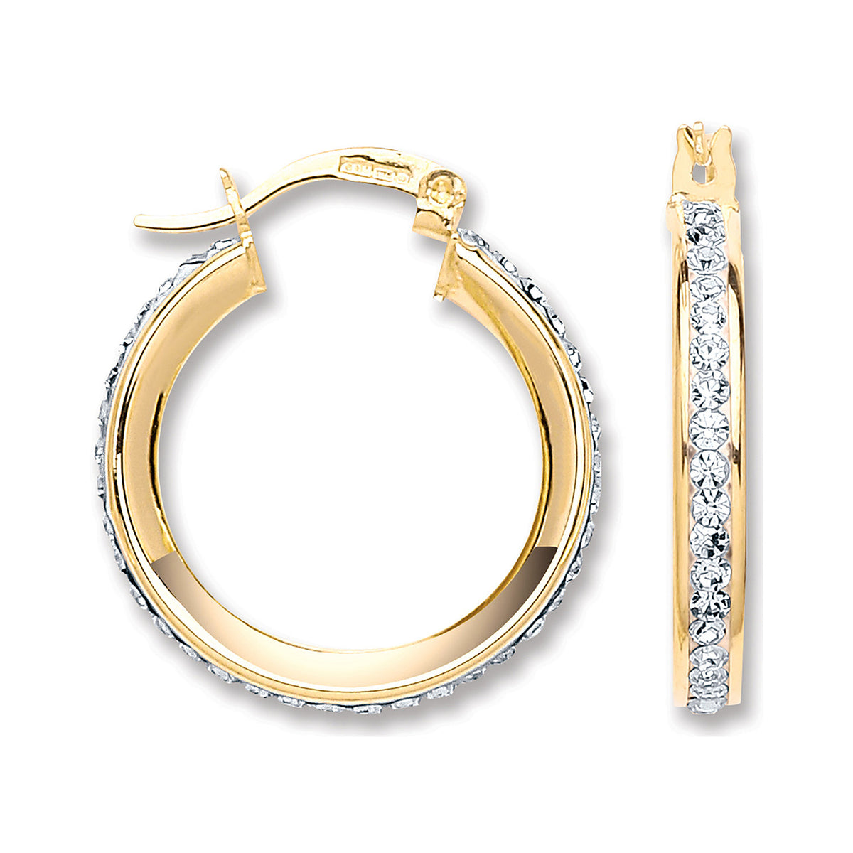 9ct Yellow Gold 22mm Round Crystal Hoop Earrings