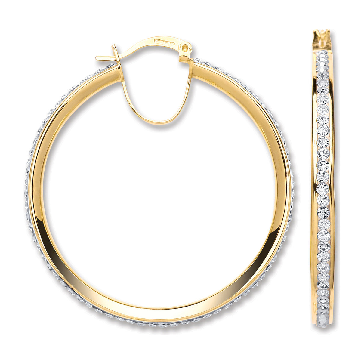 9ct Yellow Gold 40mm Round Crystal Hoop Earrings