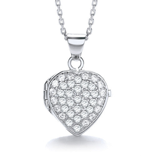 Sterling Silver Heart Shape Cubic Zirconia Front Locket with Adjustable Chain