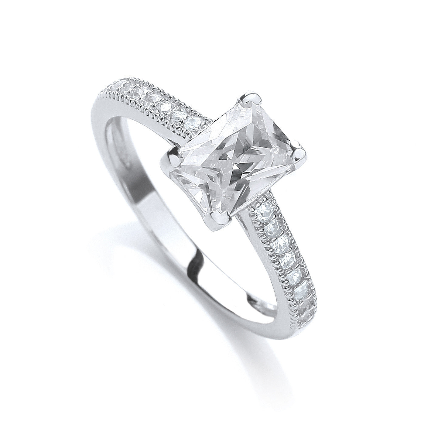 Silver Fancy Emerald-Cut Cubic Zirconia Ring with Shoulders