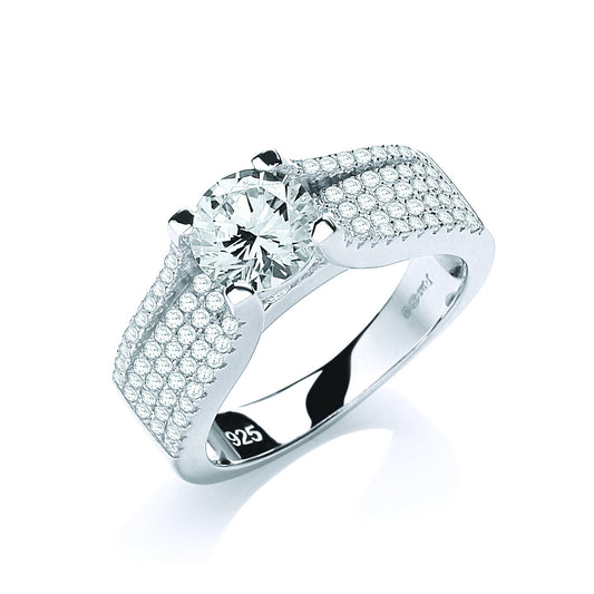 Micro Pave' Round Brilliant Centre Cz Silver Ring