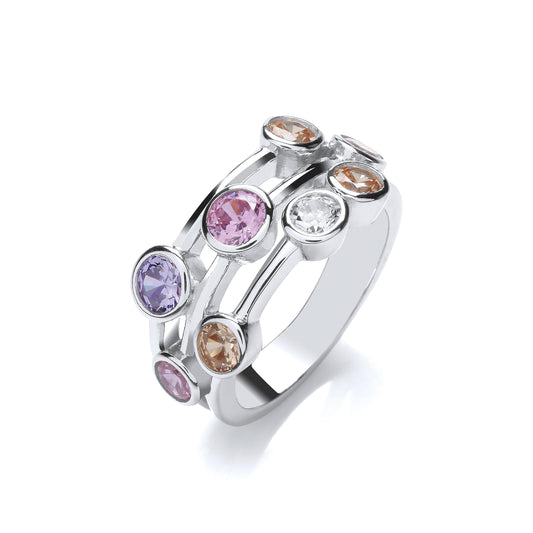 Multi Colour Rubover set CZs Silver Ring
