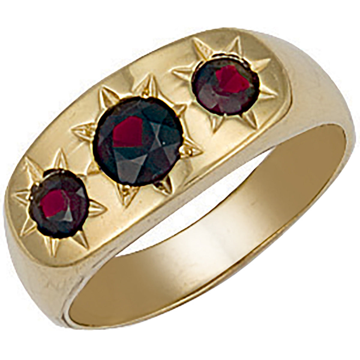 9ct Yellow Gold Three Stone Garnet Gents Ring
