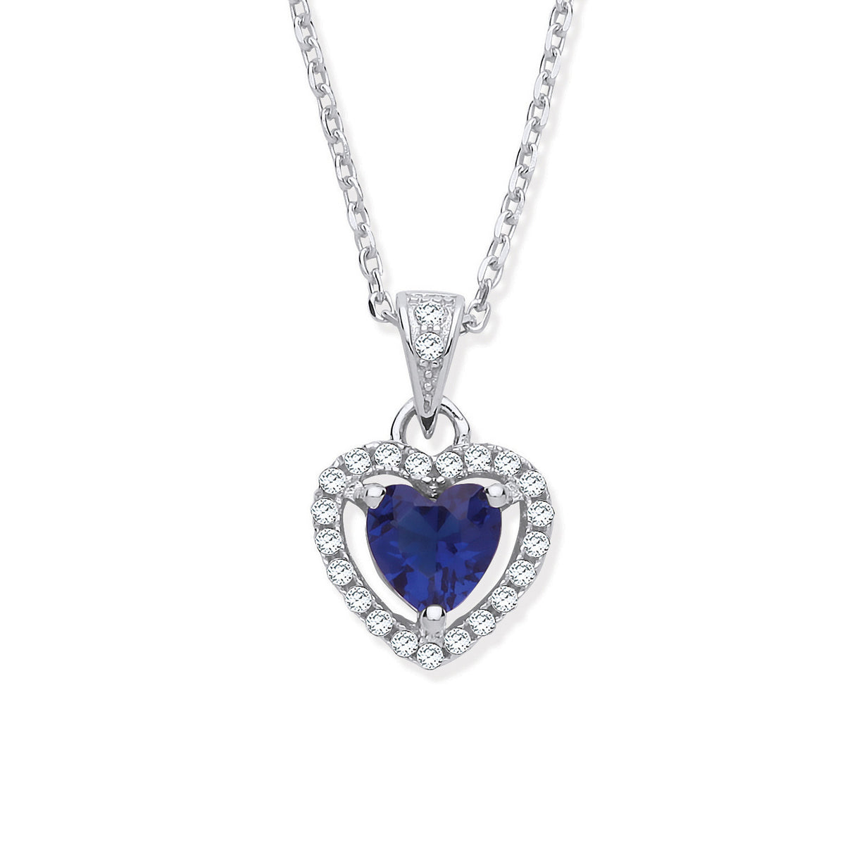 The Ocean Heart: Sterling Silver Sapphire-Blue CZ Halo Pendant Necklace