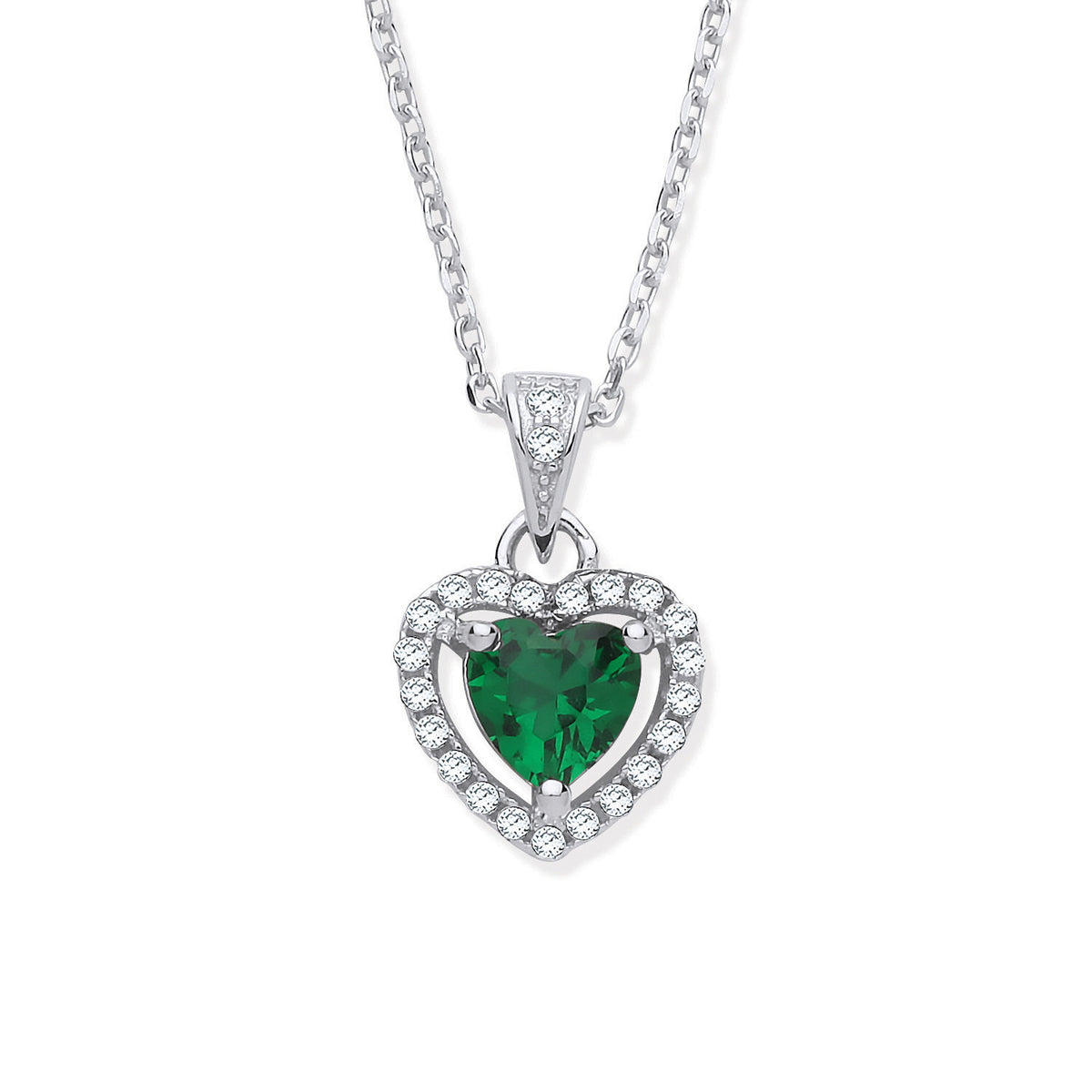 The Royal Heart: Sterling Silver Emerald-Green CZ Halo Pendant Necklace
