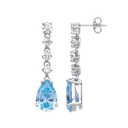 Sterling Silver Clear and Aquamarine CZ Long Drop Earrings