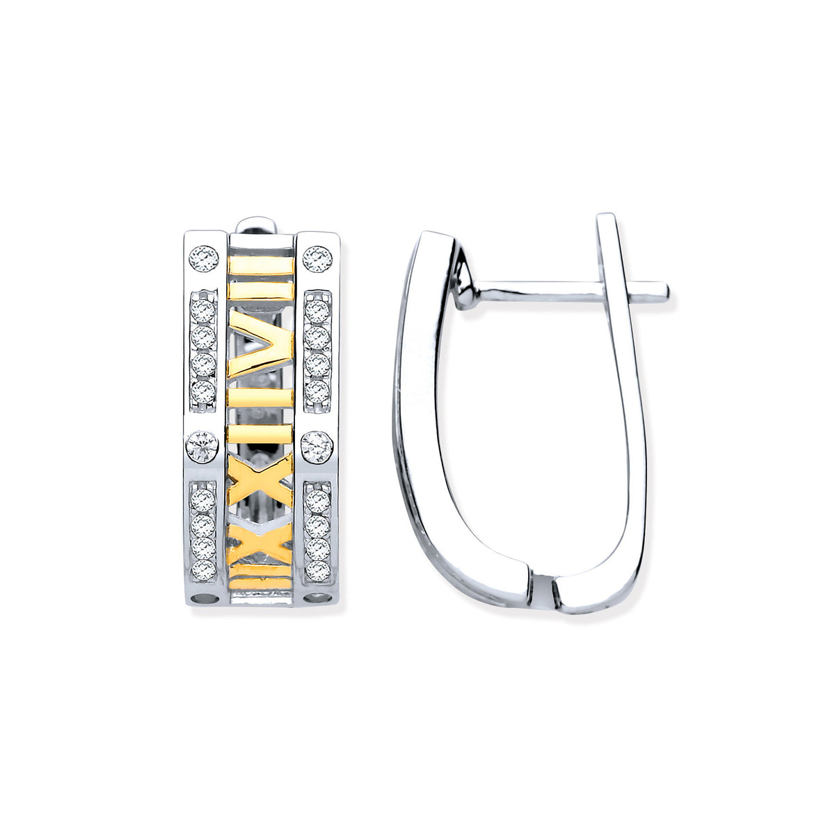 Sterling Silver with Yellow Gold Plated Roman Numeral Cubic Zirconia Hoop Earrings