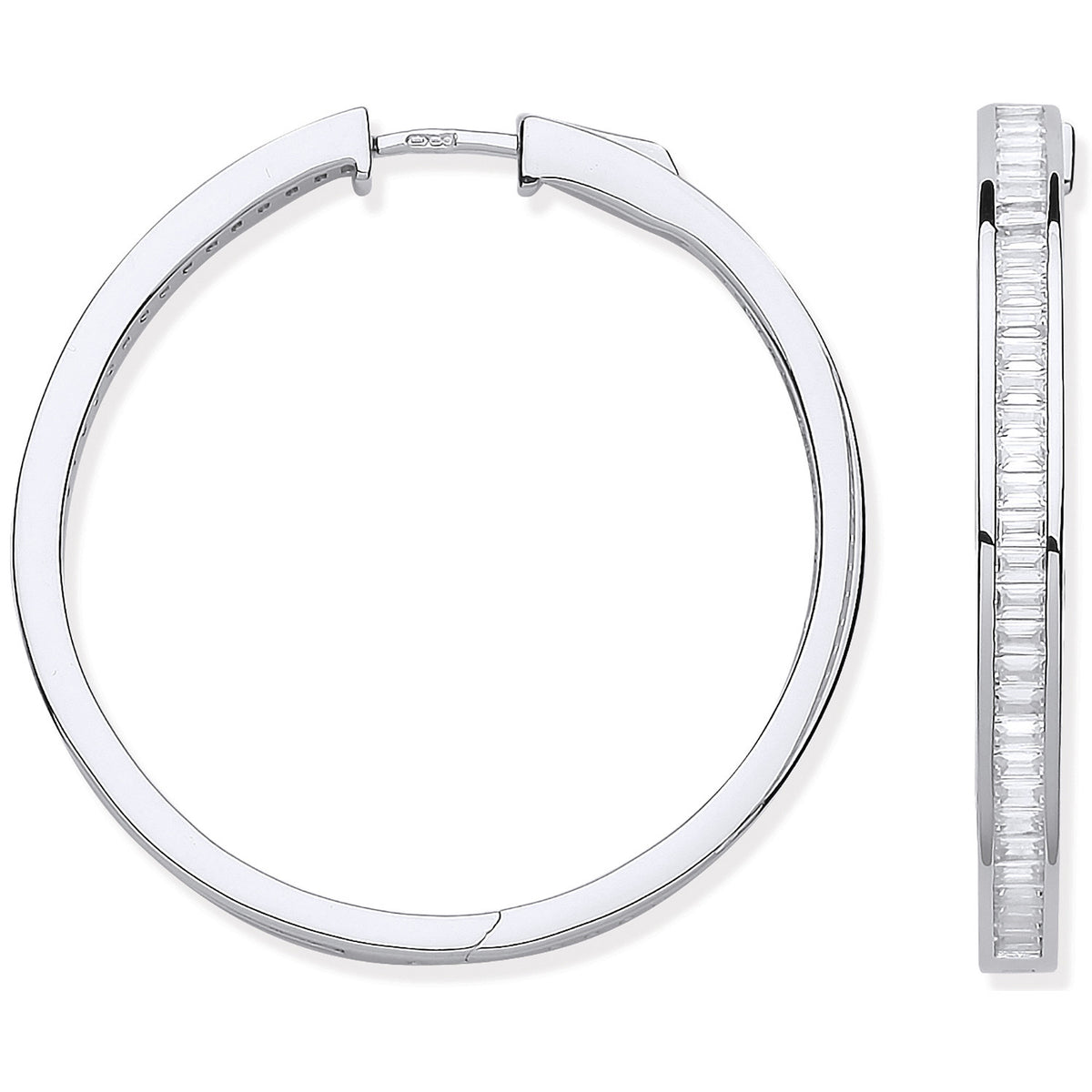 Sterling Silver 40mm Baguette Cut CZ Hoop Earrings