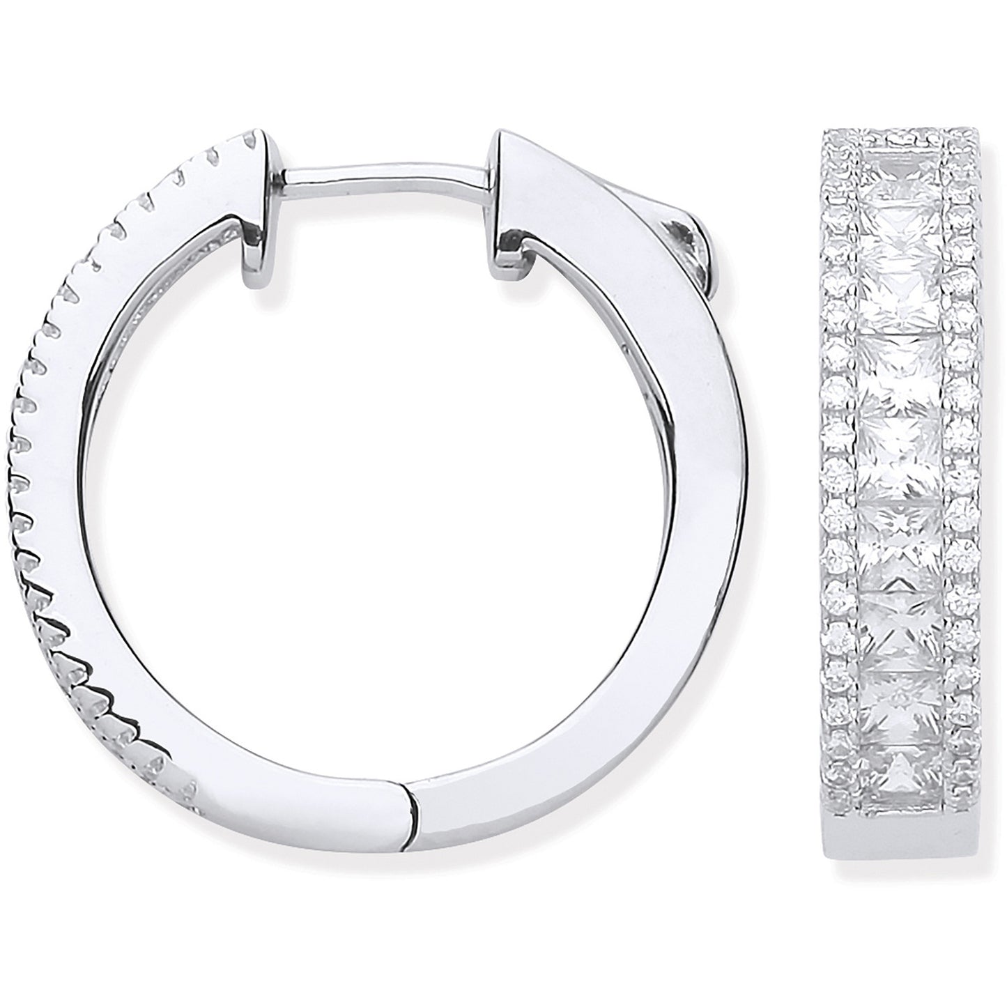 Sterling Silver Princess and Round CZ 21mm Huggie Hoop Earrings