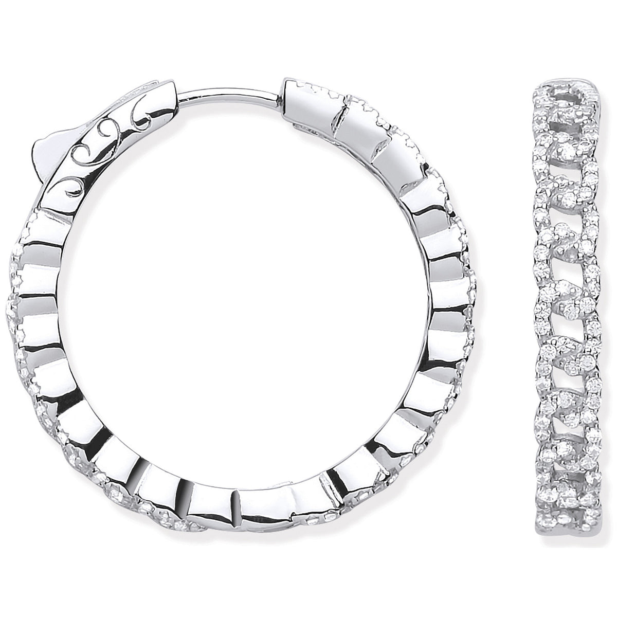 Sterling Silver Curb Chain Link Cubic Zirconia Hoop Earrings