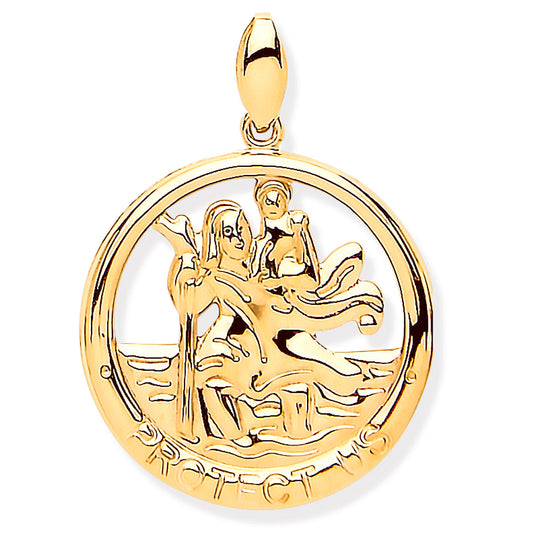 9ct Yellow Gold St Christopher Round Cut Out Protect Us Medal