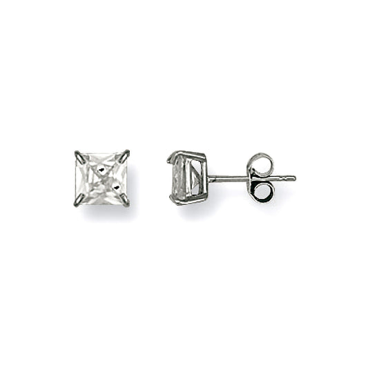 9ct White Gold 6mm Claw Set Princess-Cut CZ Solitaire Stud Earrings