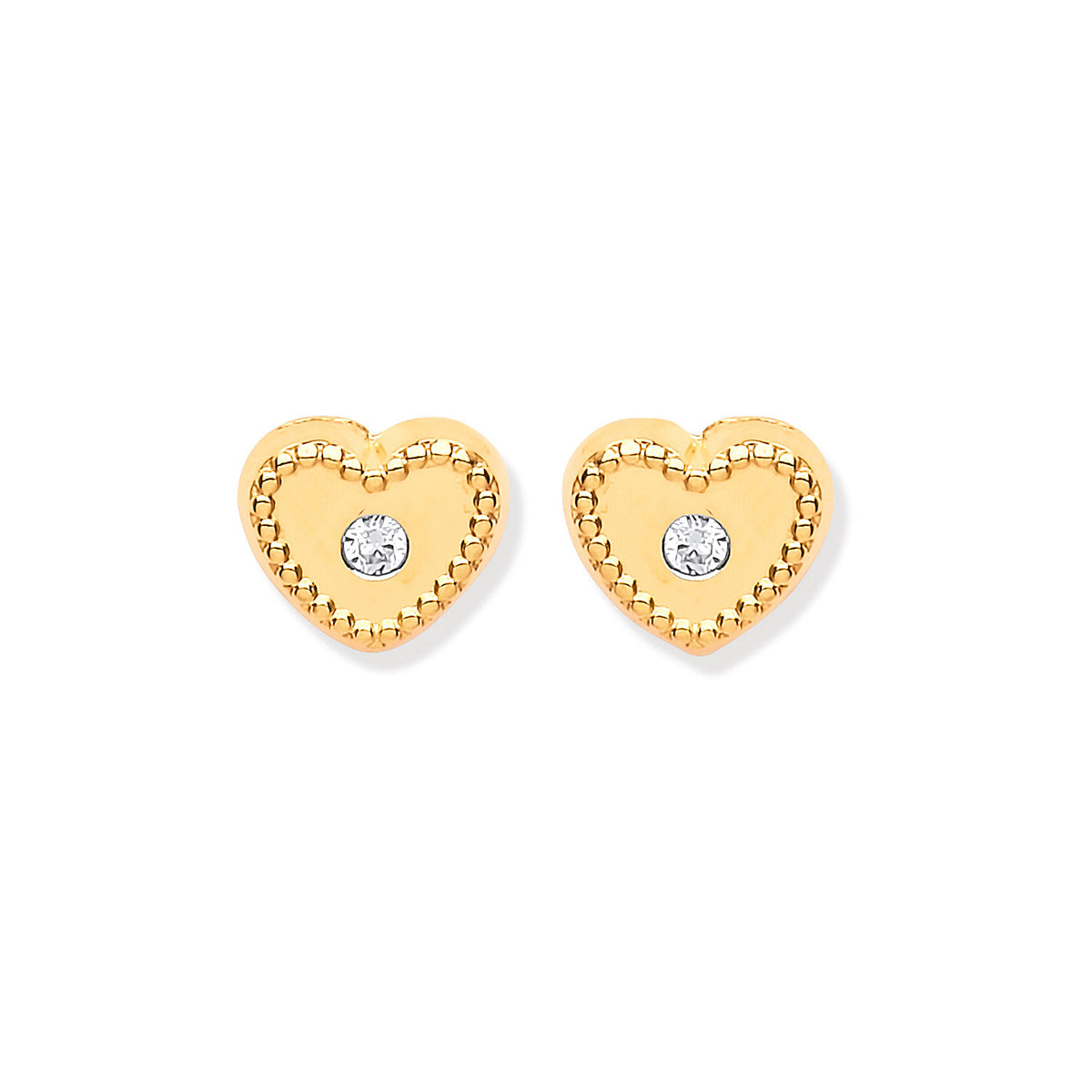 9ct Yellow Gold Heart Ribbed Edge with Cubic Zirconia Stud Earrings