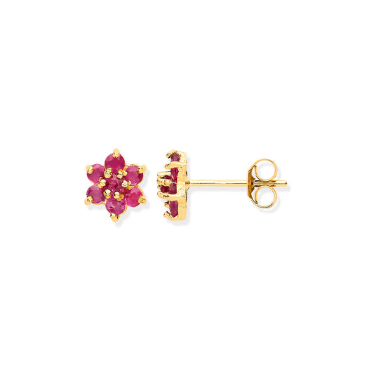 9ct Yellow Gold Ruby Flower Stud Earrings