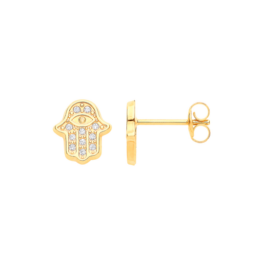 9ct Yellow Gold Hamza with Evil Eye CZ Stud Earrings