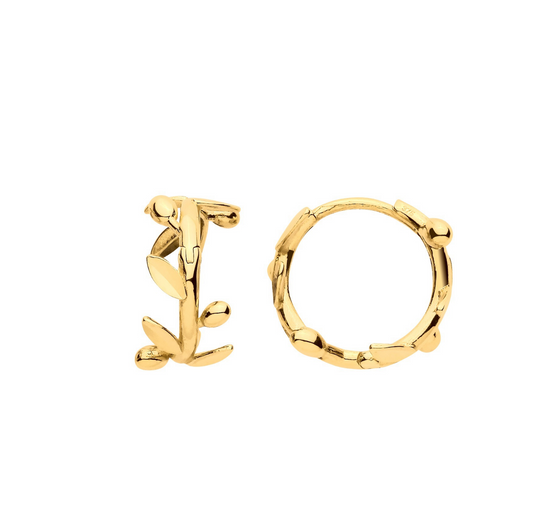 9ct Yellow Gold Leaf with Olive Huggies Earrings