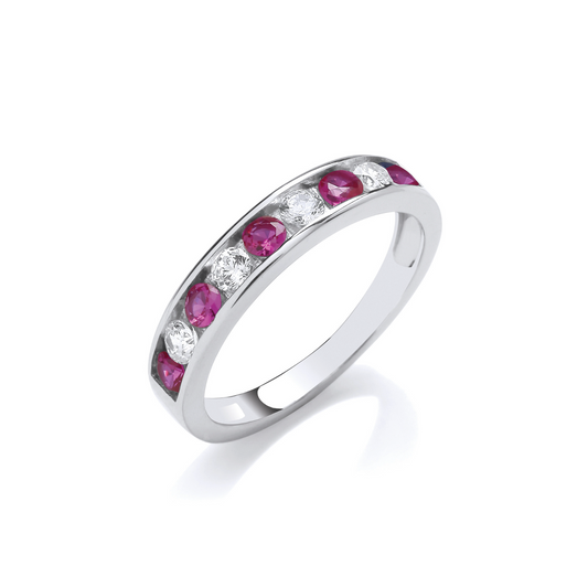 Sterling Silver Channel Set Ruby Red & Clear Cubic Zirconia Half Eternity Ring