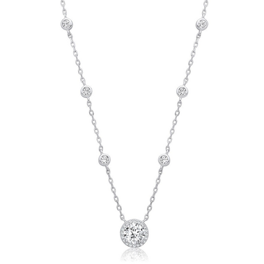 Silver 10 Rubover CZs with Halo CZ Pendant Necklace
