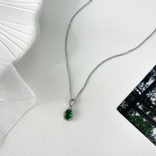 Emerald Green Oval CZ Necklace with Surrounding White CZ