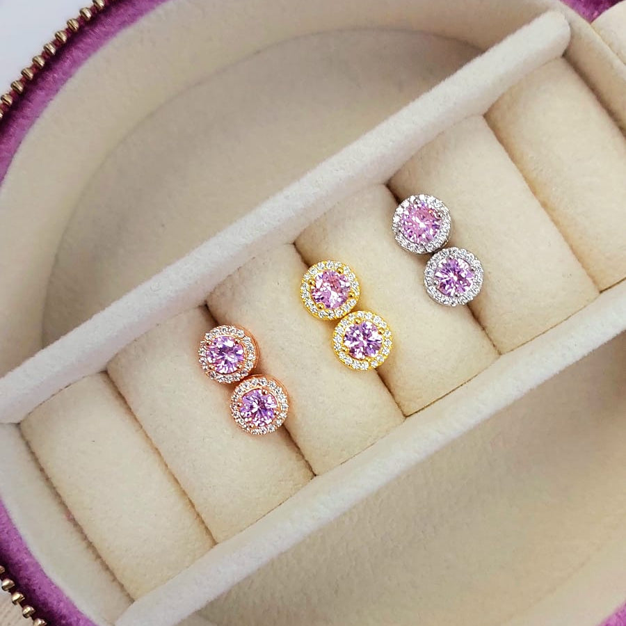 Silver Earrings Circle Stud With White CZ And Pink CZ